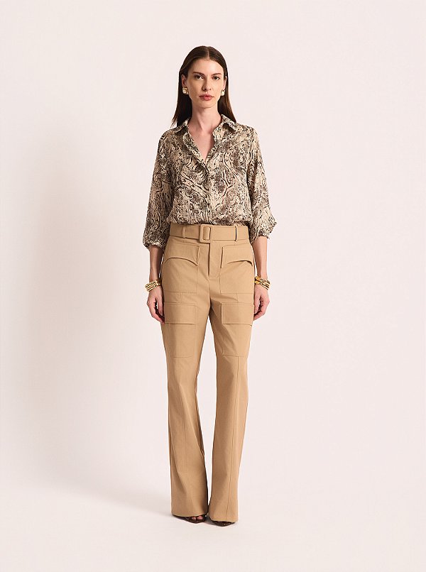 Calça Edge Reta Alfaiataria Sarja Bege