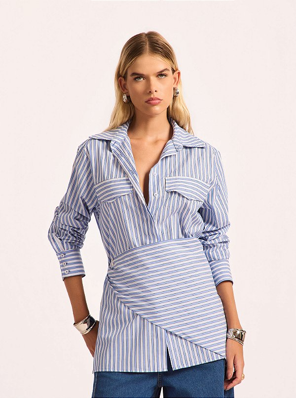 Camisa Smooth Tricoline Listrada Azul e Branca