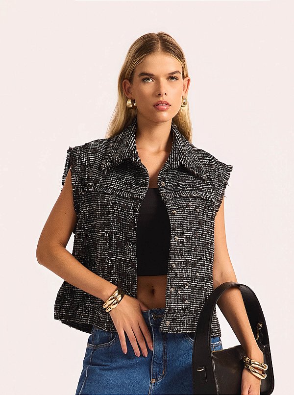 Colete Noir Tweed Paetês Preto