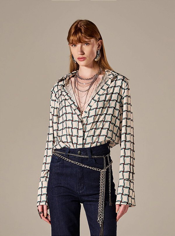 Camisa Acetinada Dália Xadrez Geométrica