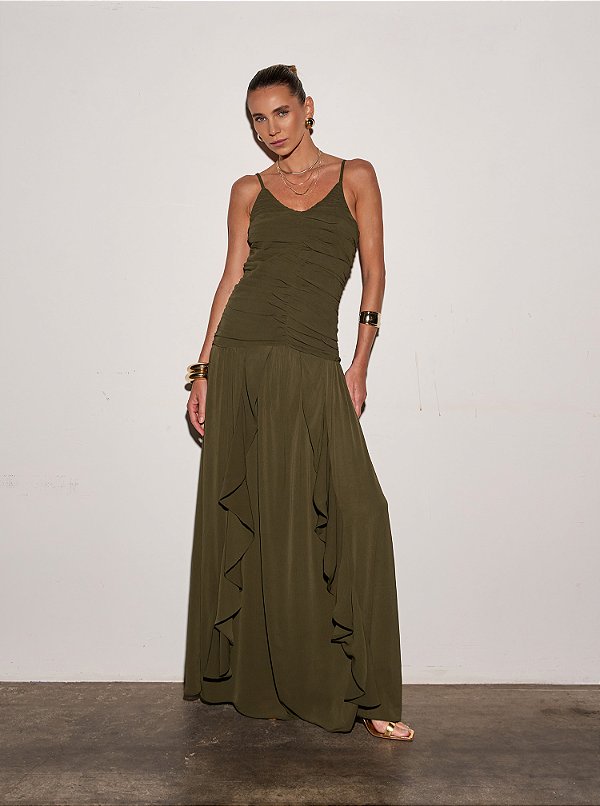Vestido Longo Crepe Eliana Verde Militar