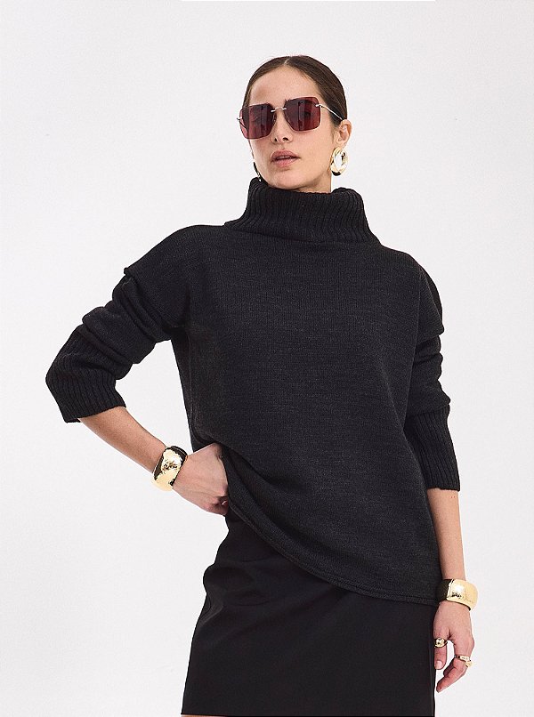 Blusa Tricot Ampla Gola Alta Preta