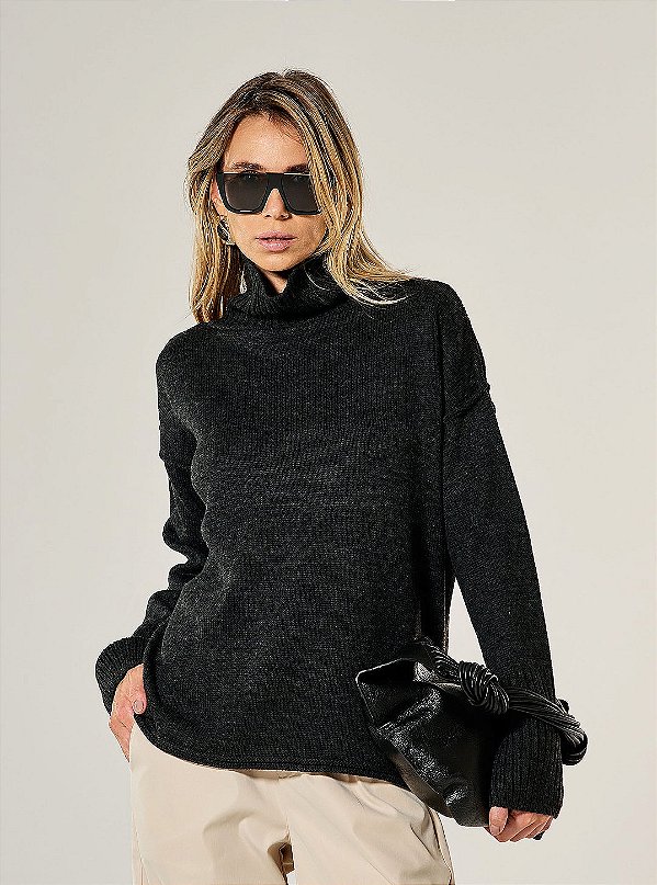 Blusa Tricot Ampla Gola Alta Preta