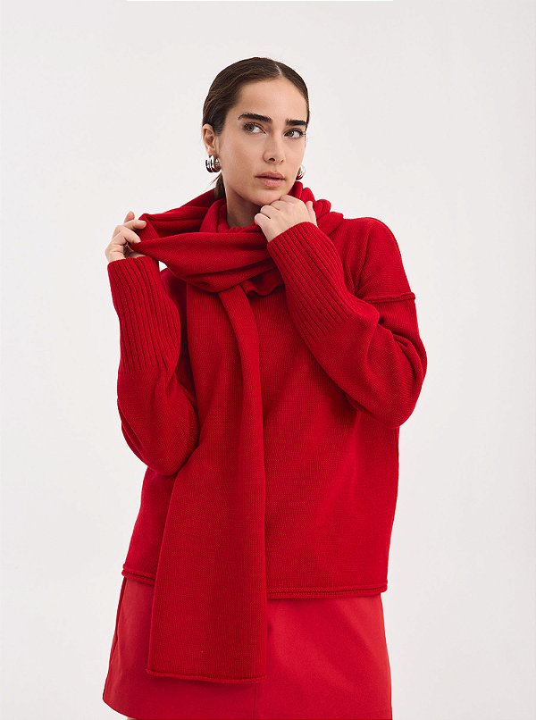 Blusa Tricot Ampla Gola Alta Vermelha