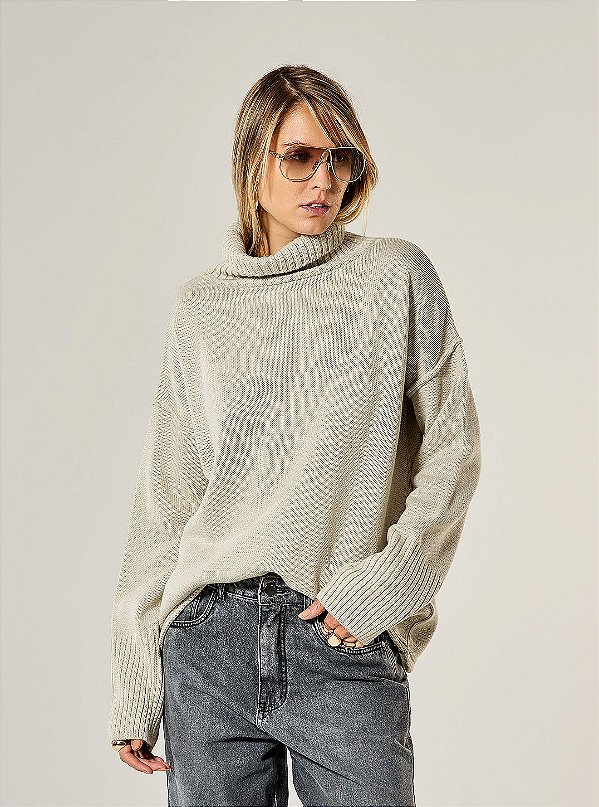 Blusa Tricot Ampla Gola Alta Bege