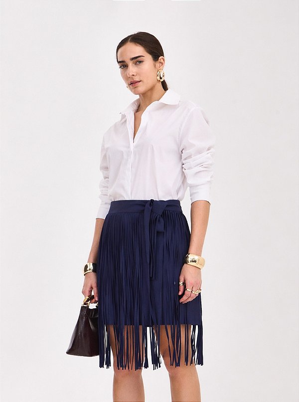 Saia Franja Bianca Preto com Cinto Preto