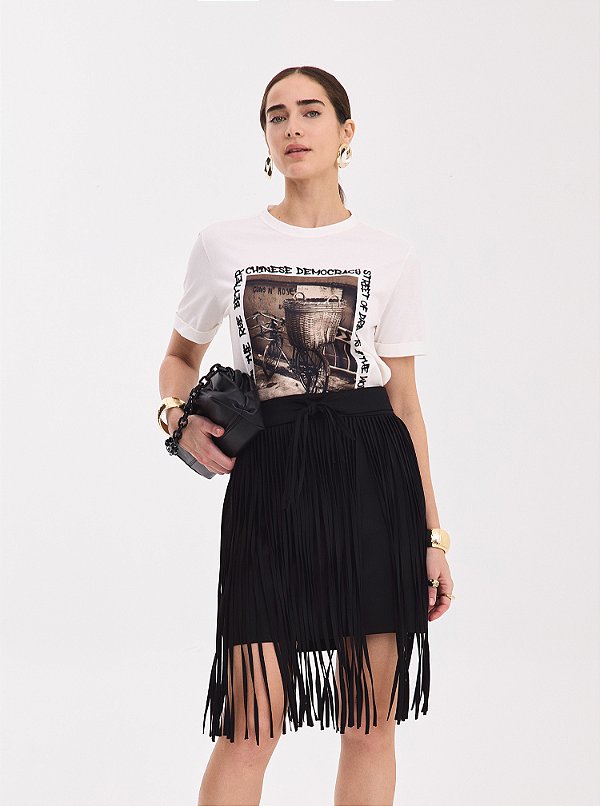 Saia Franja Bianca Preto com Cinto Marinho