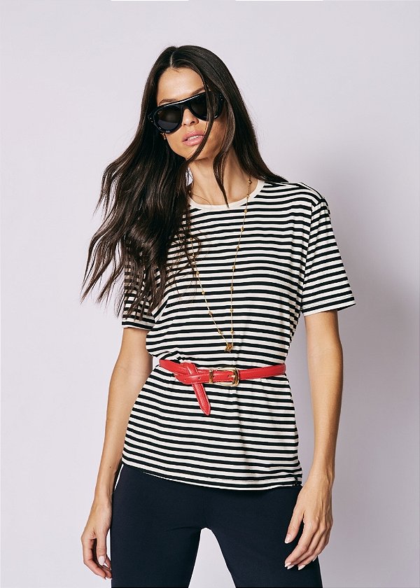 T-Shirt Malha Manu Listra Preto e Off White
