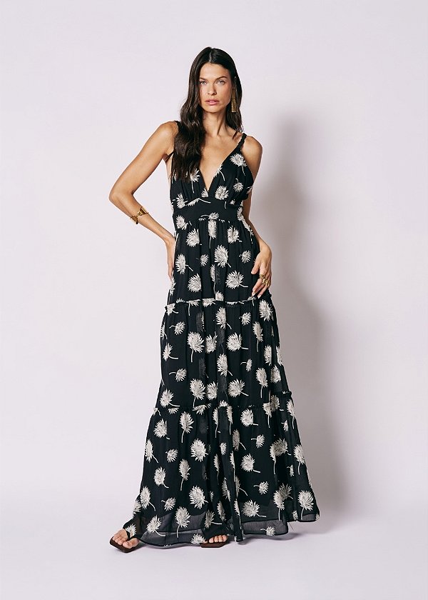 Vestido Chiffon Bordado Angelica Preto