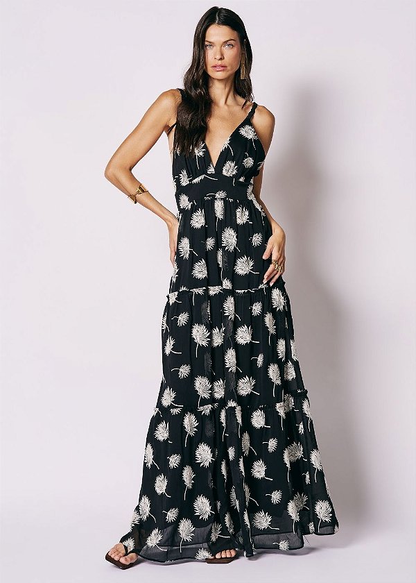 Vestido Chiffon Bordado Angelica Preto