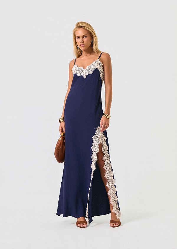 Vestido Longo Jacquard Pamela Azul Marinho