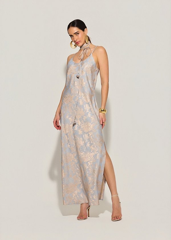 Vestido Jacquard Marília Cinza com Bege