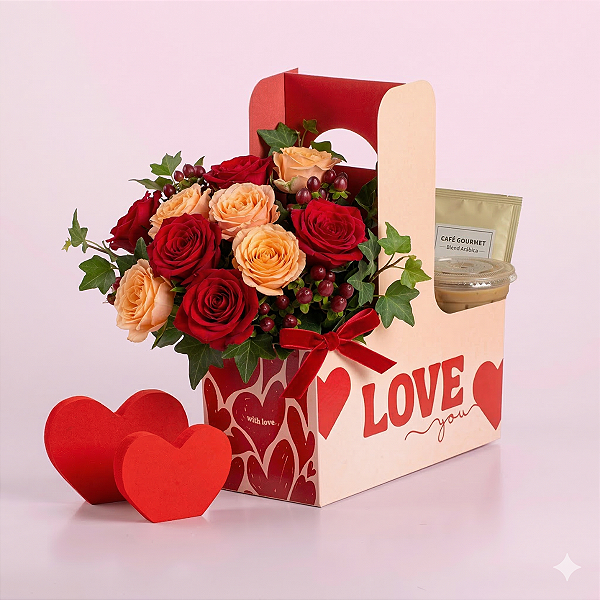 Caixa Cesta - Flores e Café Love - Dia dos Namorados (05 Unidades)