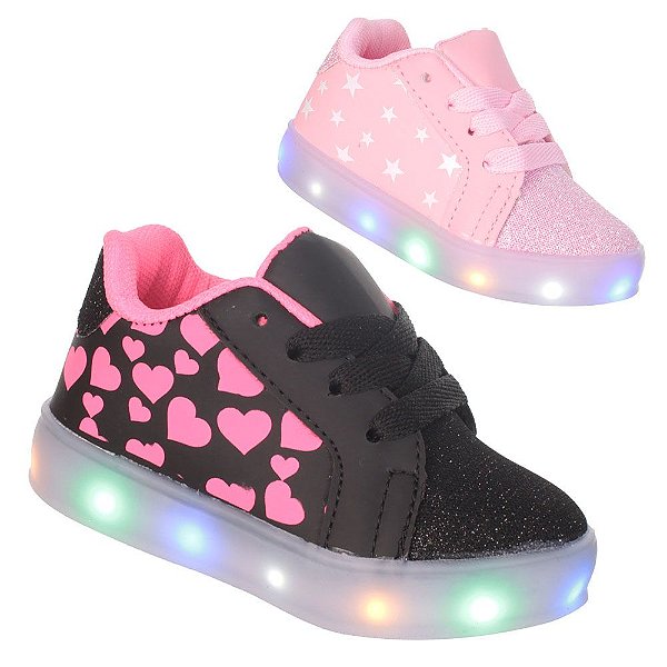 Tênis Led Luz Glitter Feminino infantil Preto ou Rosa PC013