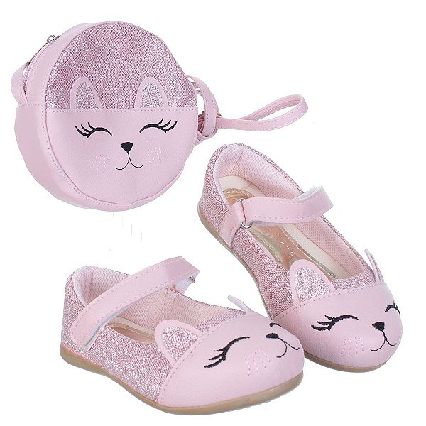 Sapatilha Sapato Infantil Feminina Meninas Love Cats Gatinho Com Bolsa Rosa