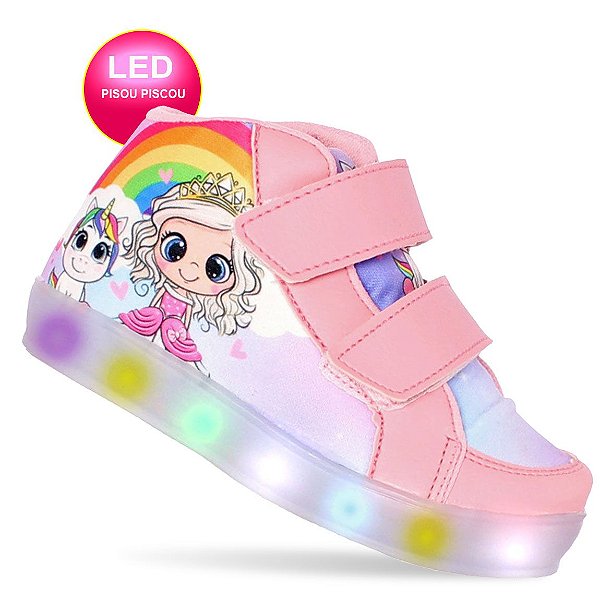 Tenis de led luz princesa e unicornio infantil feminino