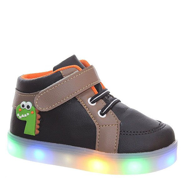 Tenis Botinha Infantil Menino Luz Led Dinossauro Preto