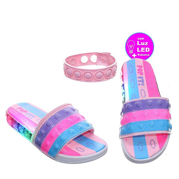 Chinelo Pop It Popi Luz Com Pulseira Infantil Menina Rosa