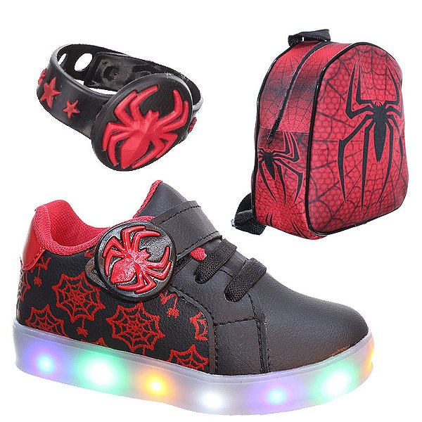 kit Aranha Tênis Com Mochila e Pulseira Luz Led Menino