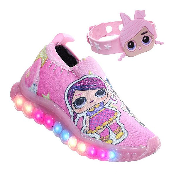 Tenis Infantil Boneca Meninas de Luz Led Com Pulseira Rosa