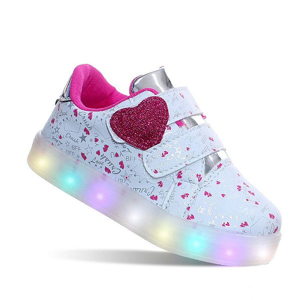 Tenis Luz Led Infantil Menina Love Coração Branco Pink