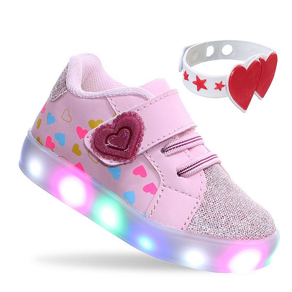 Tenis Luzinha Led Infantil Menina Coração Rosa Com Pulseira - Pemania  Calcados infantis