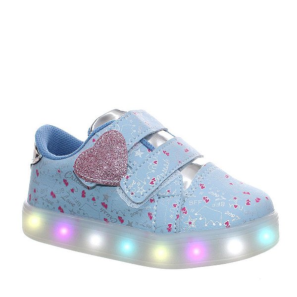 Tenis Luz Led Infantil Menina Love Coração Azul Bebe Pink