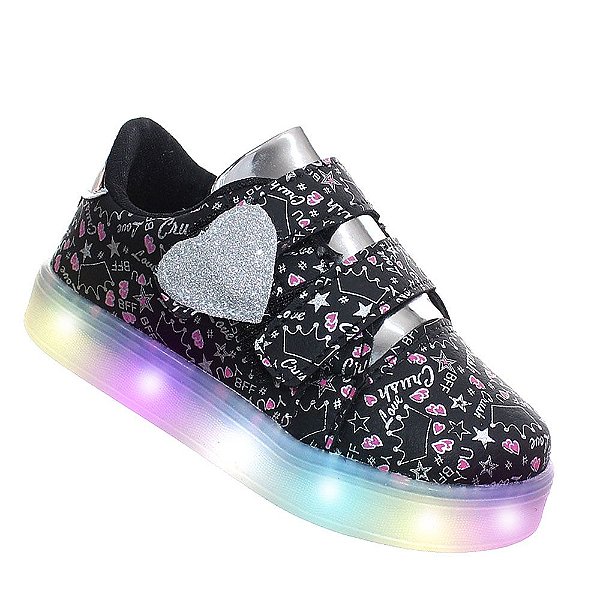 Tenis Luz Led Infantil Menina Love Preto Coração Prata