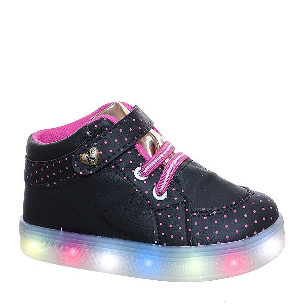 Tenis Luz de Led Botinha Infantil Meninas Preto Pink Dourado