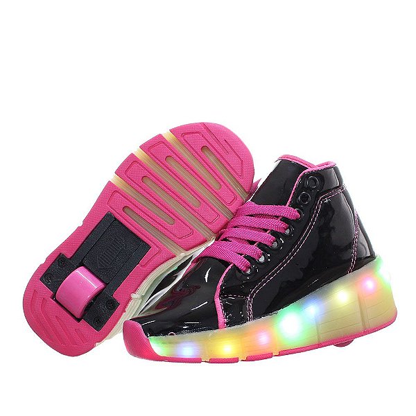 Tênis Led Preto Pink Com Rodinha Infantil Feminino Meninas