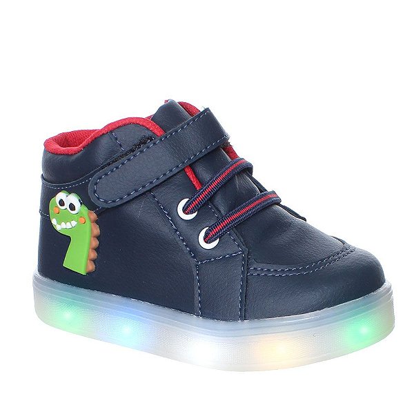 Tenis Botinha Infantil Menino Luz Led Dinossauro Azul Marinh