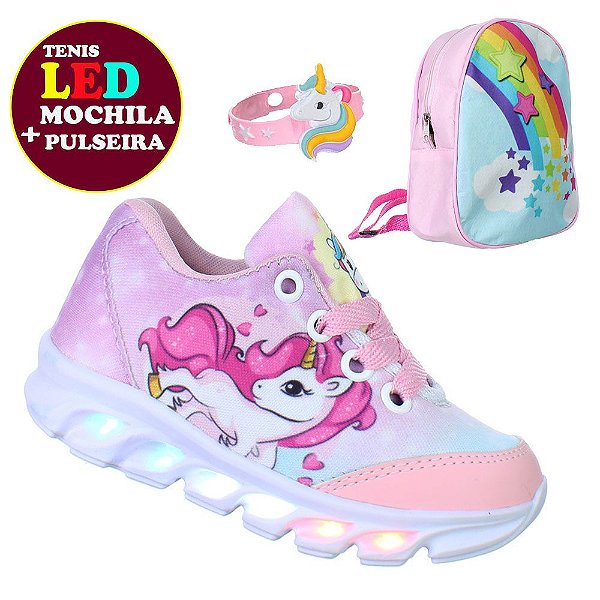 Kit Tenis de Criança Led Menina Com Luz com Mochila e Pulseira Rosa