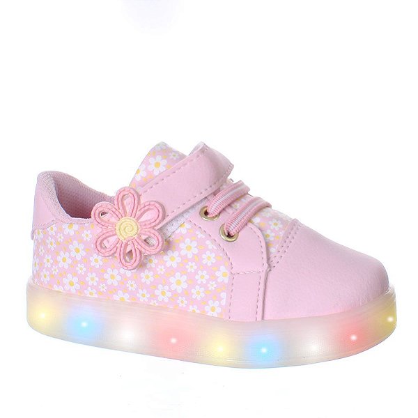 Tenis Luz Led Infantil Menina Love Florzinha Flores Rosa