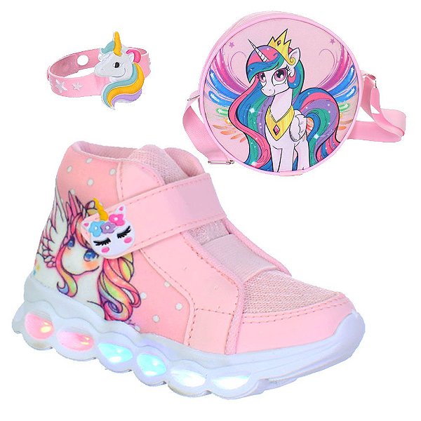 Kit Tenis Calçado com Luz de Led que Pisca Unicornio Infantil Meninas com Bolsa e Pulseira