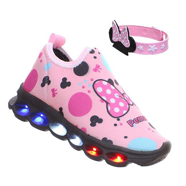 Tenis Luzinha Led Com Pulseira Rosa de Laço Infantil Menina