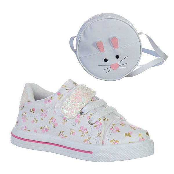 Tenis Sapato Flor Infantil Menina glitter com Bolsa