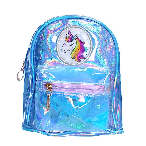 Bolsa Mochilinha de Unicornio Com Brilho Holográfico Azul