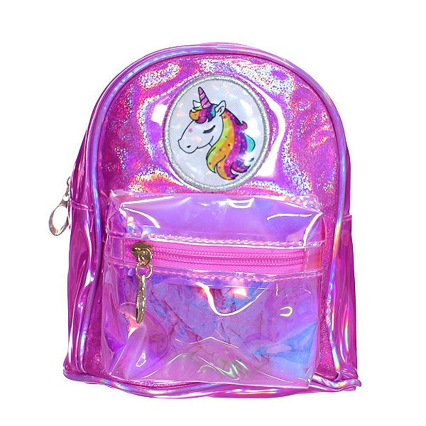 Bolsa Mochilinha Unicornio Com Brilho Holográfico Pink