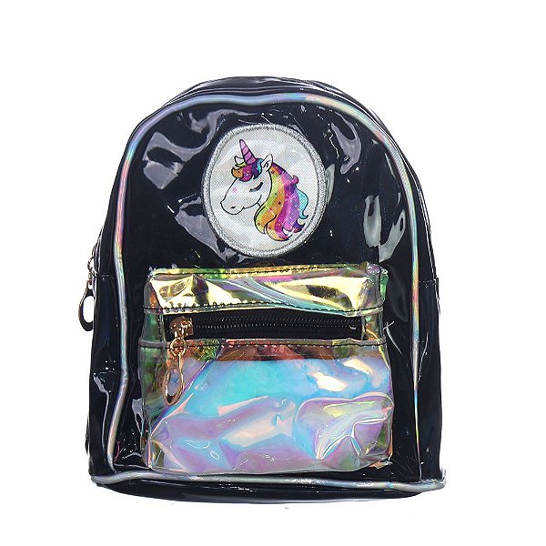 Bolsa Mochilinha Unicornio Com Brilho Holográfico Preta