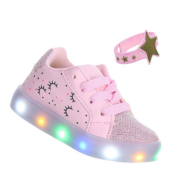 Tenis infantil menina rosa glitter luz led vem a pulseira - Pemania  Calcados infantis