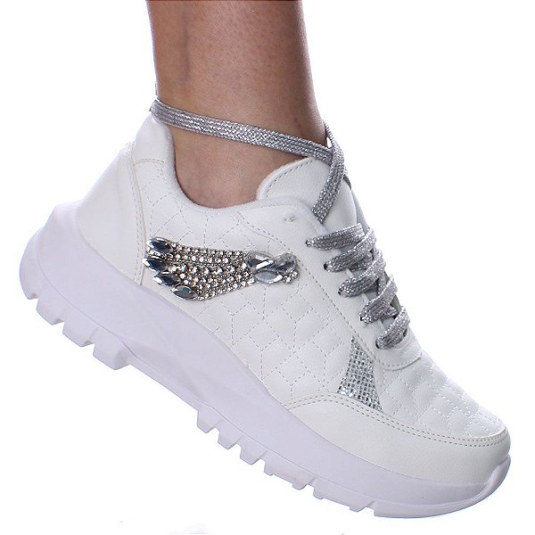 Tenis Feminino Luxo Com Strass Branco Cadarço Prata Brilho