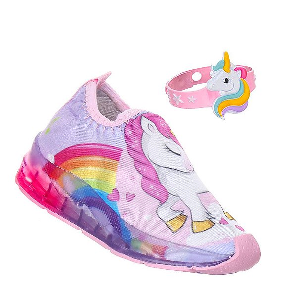 Tenis de Luzinha de Led Unicornio Infantil Com Pulseira