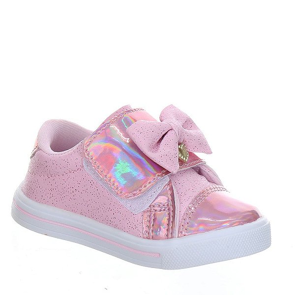 Tenis Infantil Rosa Mary Laço de Brilho Glitter Holográfico