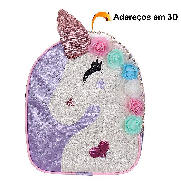 Bolsa Mochilinha De Unicornio Com Brilho 3D Infantil Menina