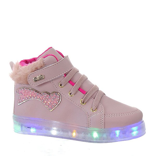 Bota Infantil de Luz Led Coração Calçado Feminino Cor Nude