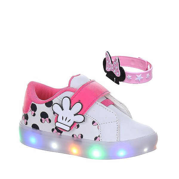 Tenis Infantil Luz Led Personagem Lacinho Rosa Branco