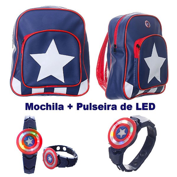 Kit Mochila Infantil Capitão Com Pulseira de Luzinha Led