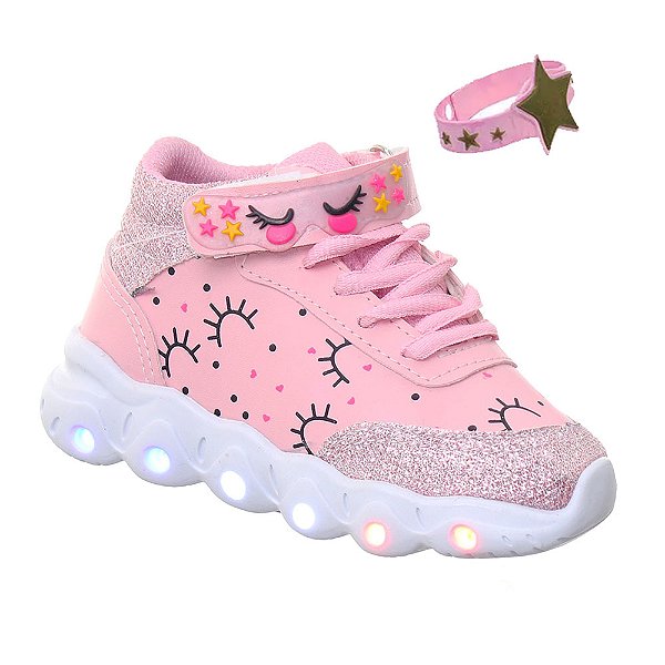 Tenis Infantil Menina Botinha Rosa Glitter Luz Led + Pulseira