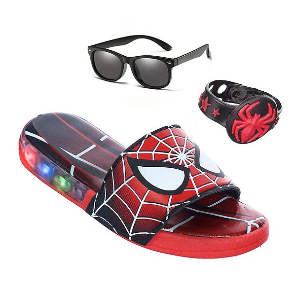Kit Verão Chinelo Infantil Meninos De Luz Led Aranha Com Pulseira E Óculos