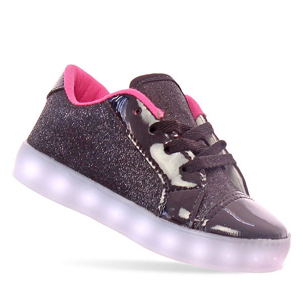 Tenis led recarregavel preto rosa glitter feminino infantil